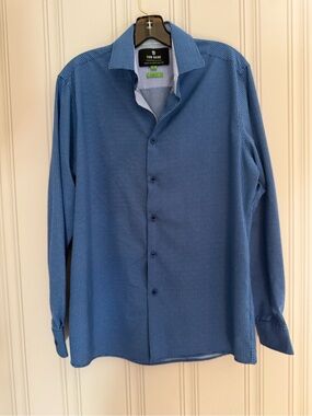 Tom Blaine Performance Collection Blue Micro-Check Long-Sleeve Dress Shirt